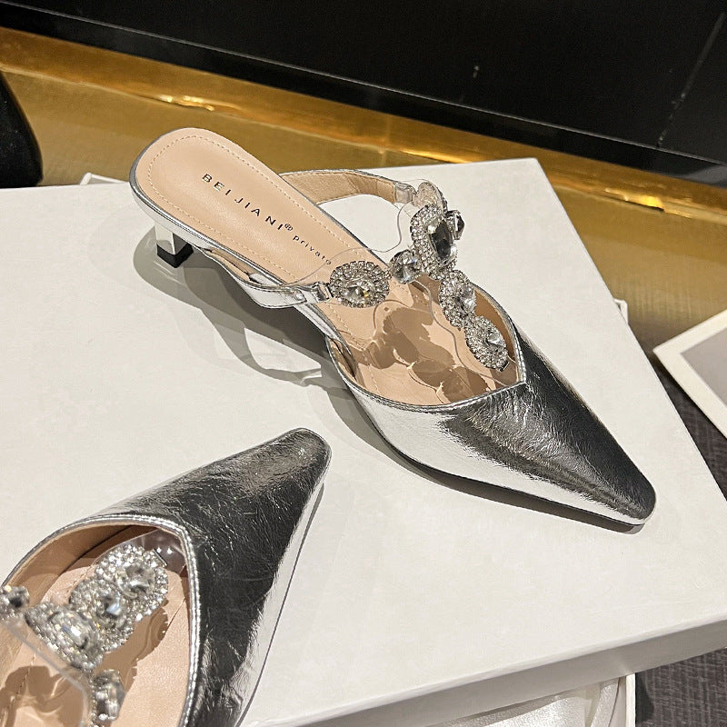Beautiful Sier Half Diamond With Closed Toe Heels