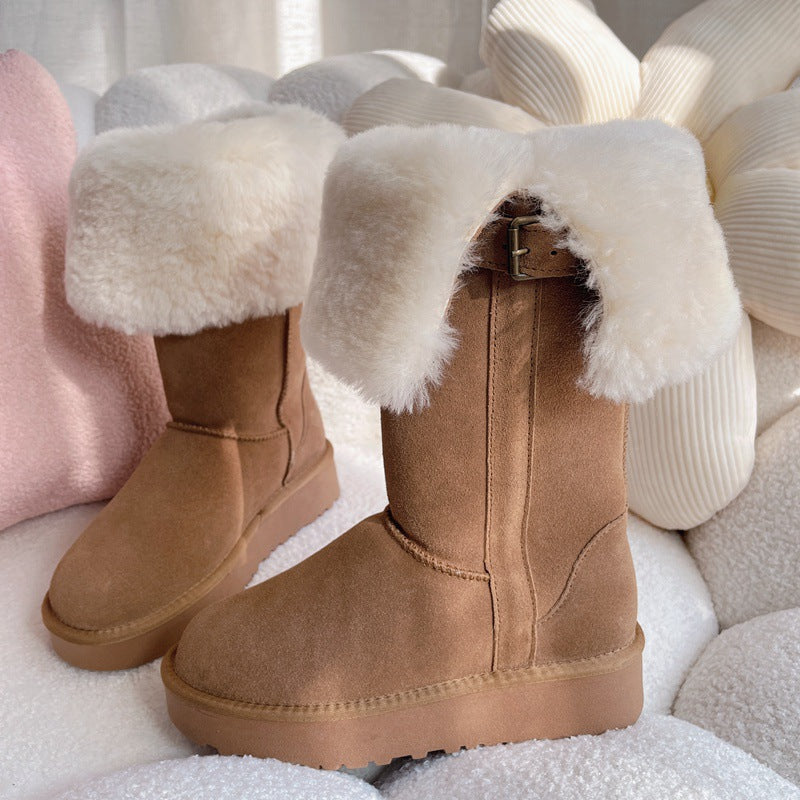 Women's Goddess Ring Two-way Real Fur Low Cut Cowhide Wool Snow Boots