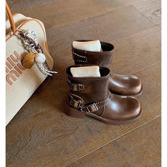Women's Rub Colored Belt Buckle Distressed Chunky Motorcycle Boots