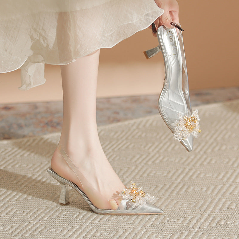Women's French Transparent Hollow High Summer Rhinestone Heels
