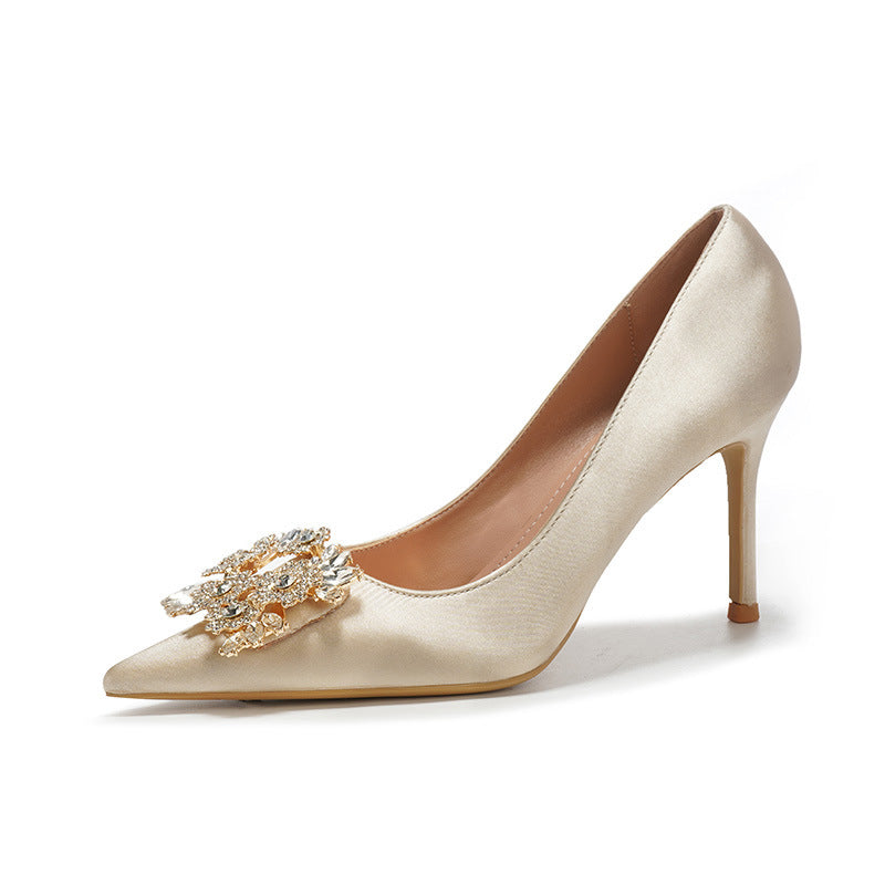Surface Wedding Stiletto Pointed Toe Low-cut Rhinestone Square Buckle High Heels