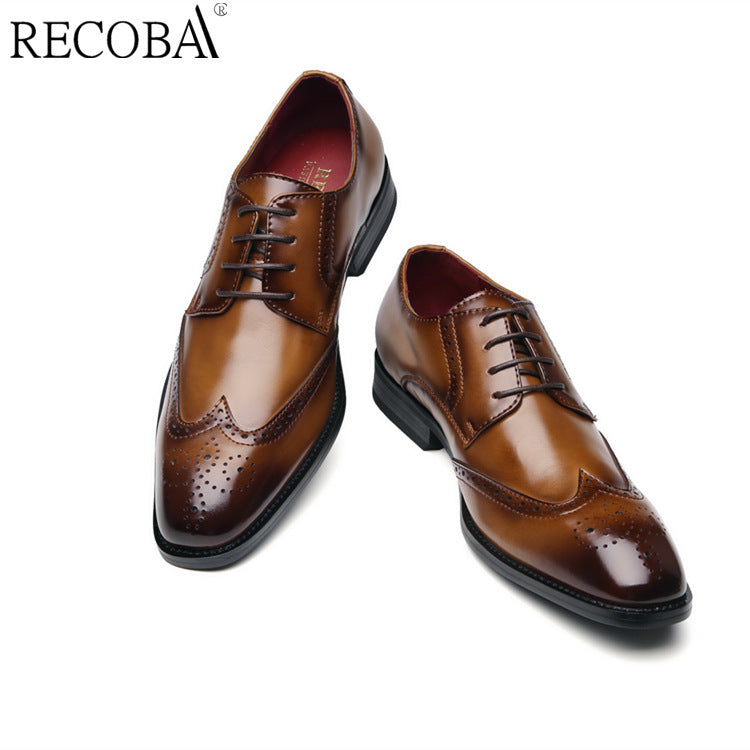 Men's Carving Brogue British Genuine Formal Wear Derby Pointed Men's Business Leather Shoes