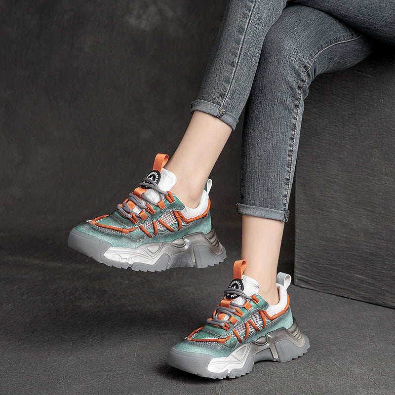 Women's First Layer Cowhide Platform Mesh Breathable Contrast Sandals