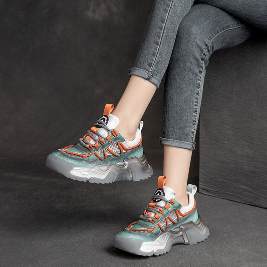 Women's First Layer Cowhide Platform Mesh Breathable Contrast Sandals