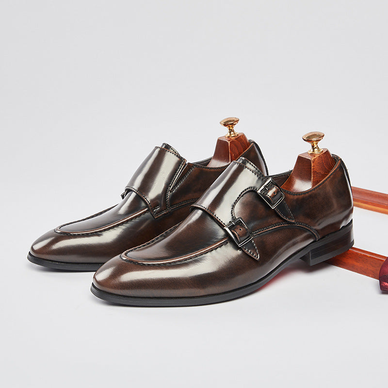 Men's Pointed British Style Double Buckle Monk Leather Shoes