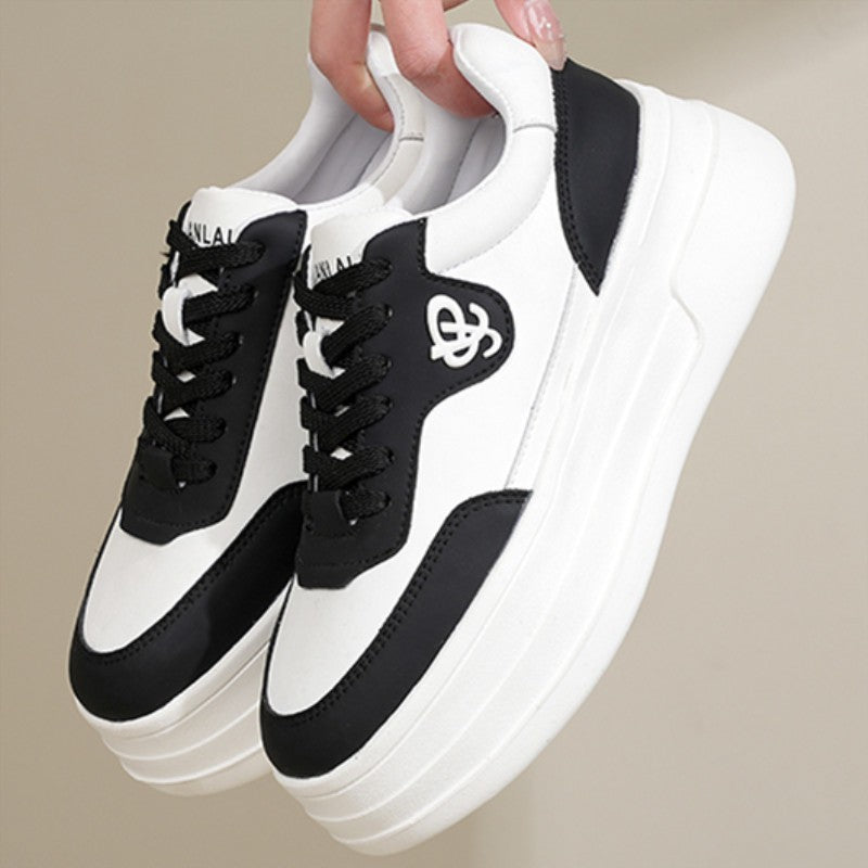 Women's Black White Color Matching Thick Bottom Sneakers