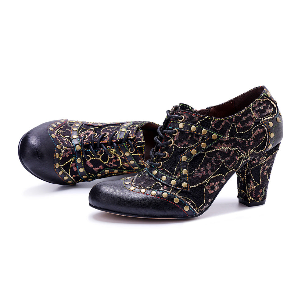 Women's Handmade Genuine Brushed Stitching Rivet Retro Heels
