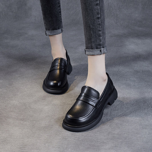 Layer Cowhide Female British Slip-on Pumps Loafers