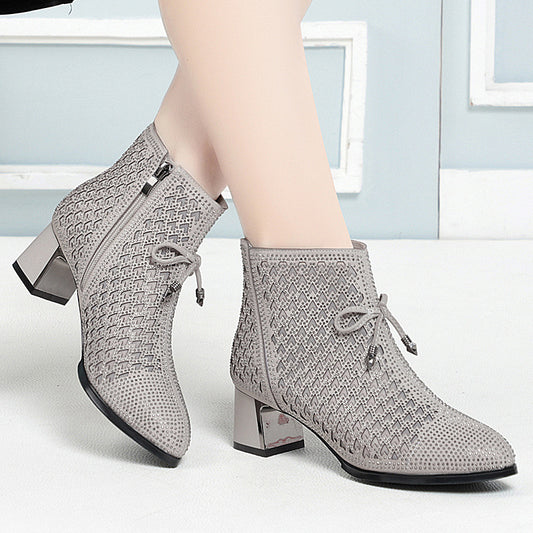 Women's Mesh Ankle Thick Single Rhinestone High Heels