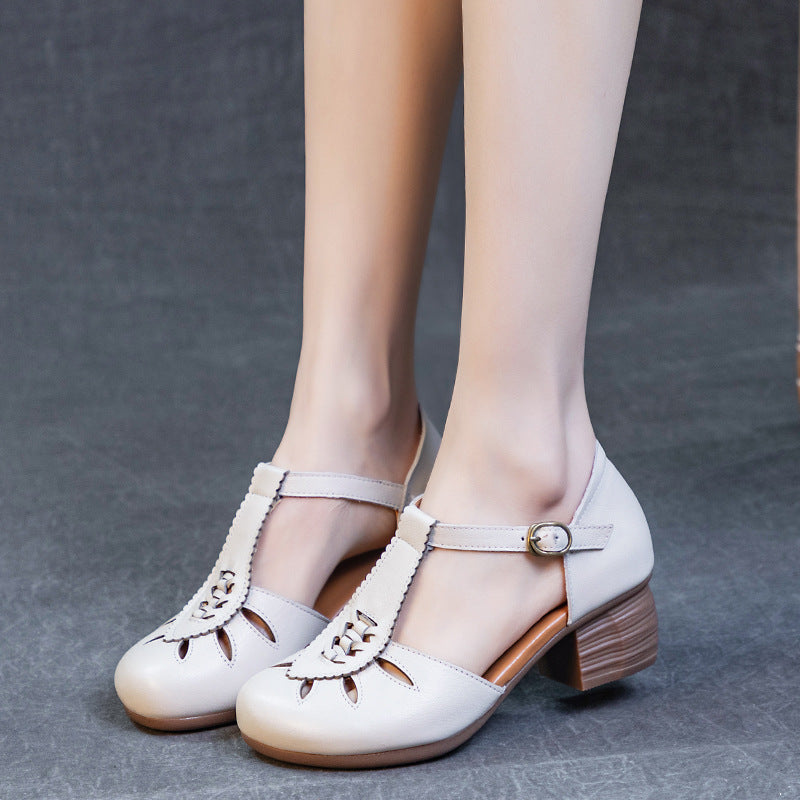 Women's First Layer Cowhide Hollowed Retro Chinese Style Thick Heels