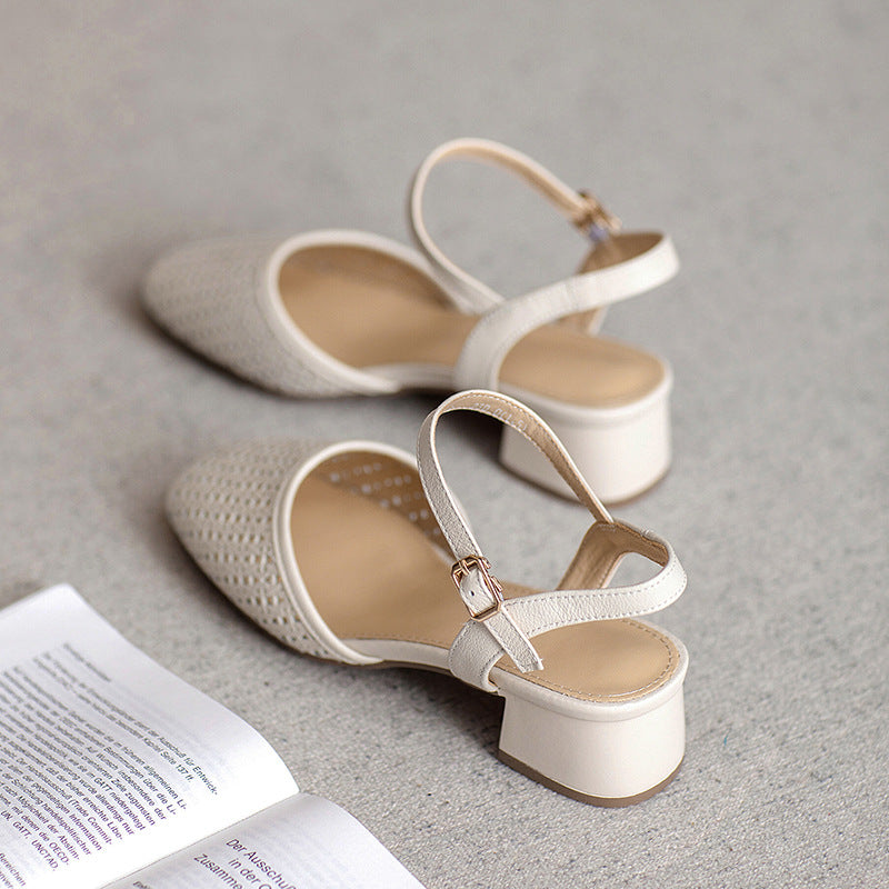 Women's Cowhide Handmade Genuine Woven Hollowed Buckle Mid Toe Women's Shoes