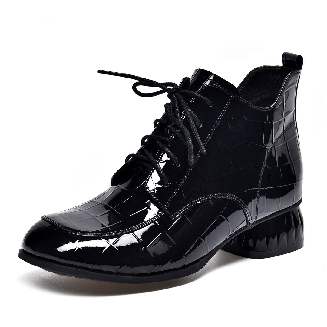 Women's Short Round Head Patent Plaid Chunky Women's Casual Shoes