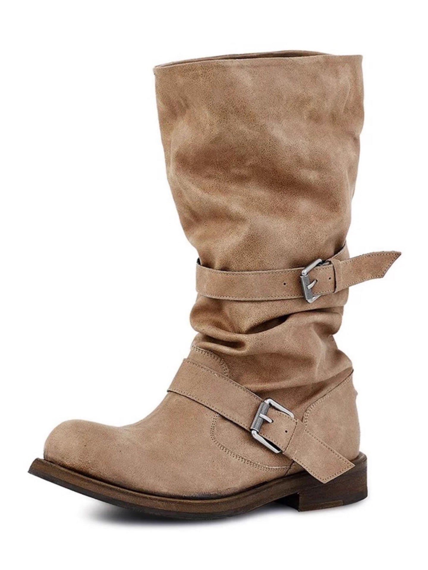 Women's Belt Buckle Pile Style Chunky Retro Distressed Boots