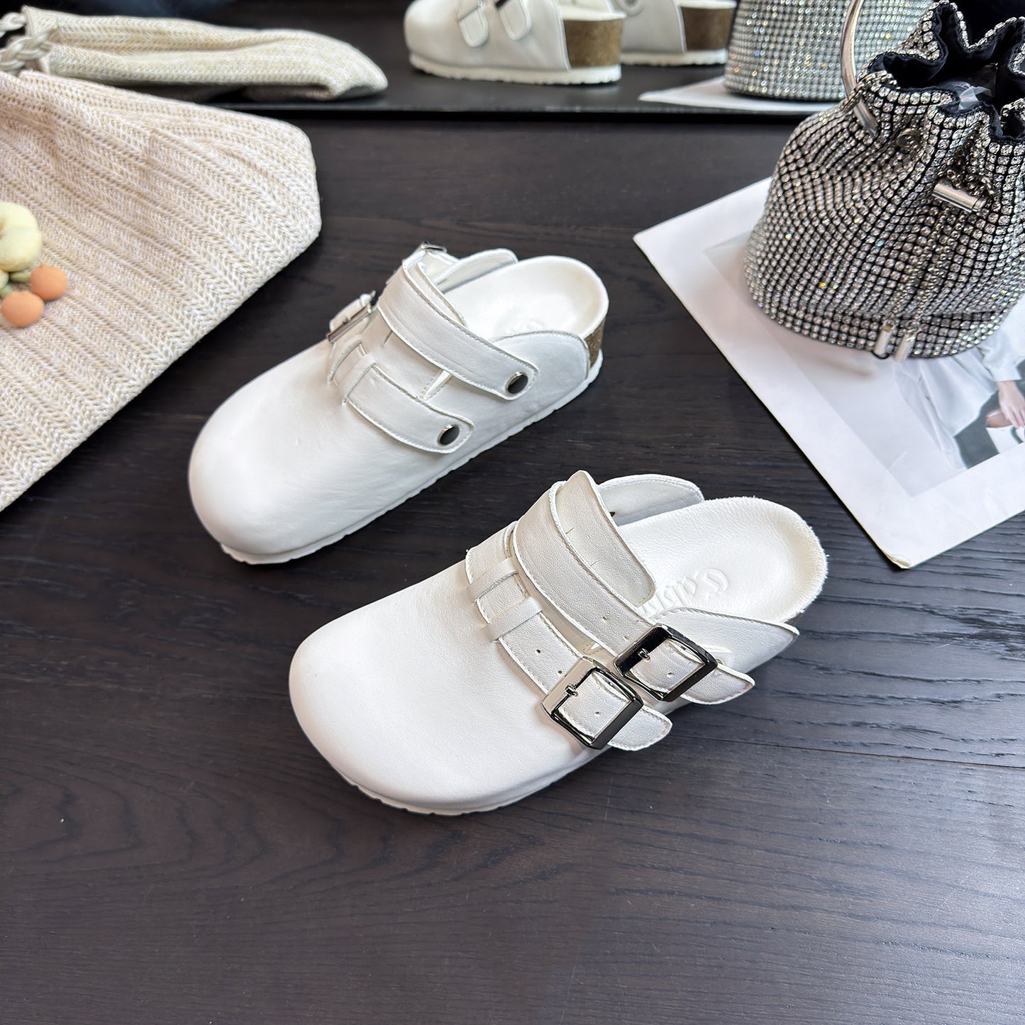 Women's Left Right Cowhide With Sheepskin Platform Slippers