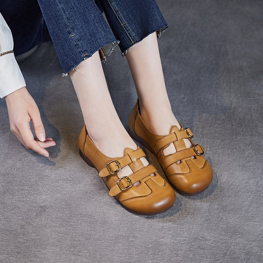 Women's Natural Color Genuine Mary Jane Flat Round Toe Casual Shoes