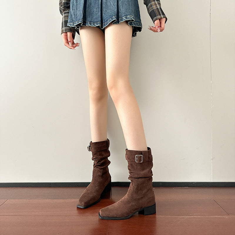 Women's Vintage Suede Short Western Cowboy Chunky Mid Boots