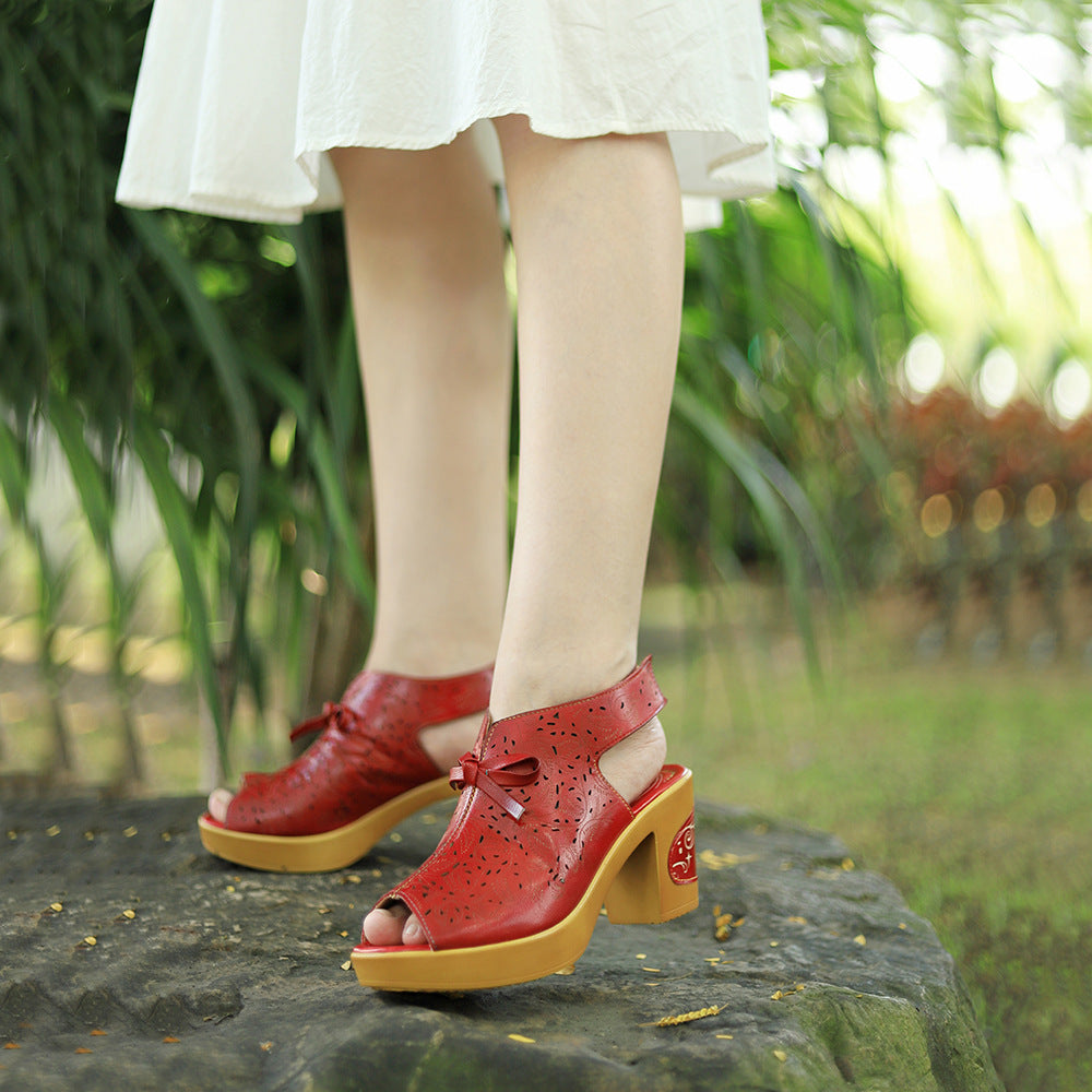 Genuine Hand-rub Color Retro Hollow Comfort Heels
