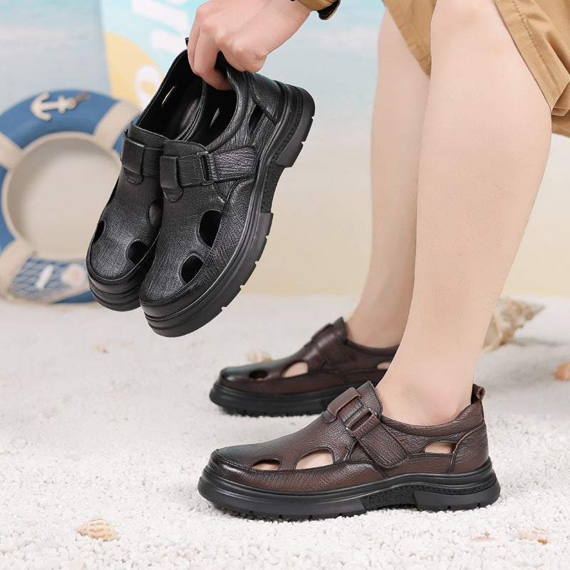 Men's Closed Toe Velcro Hole Genuine Hollow Sandals