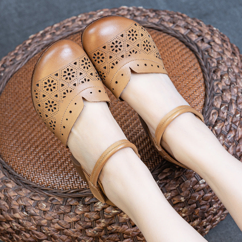 Women's Hollowed Summer First Layer Cowhide Closed Toe Heels