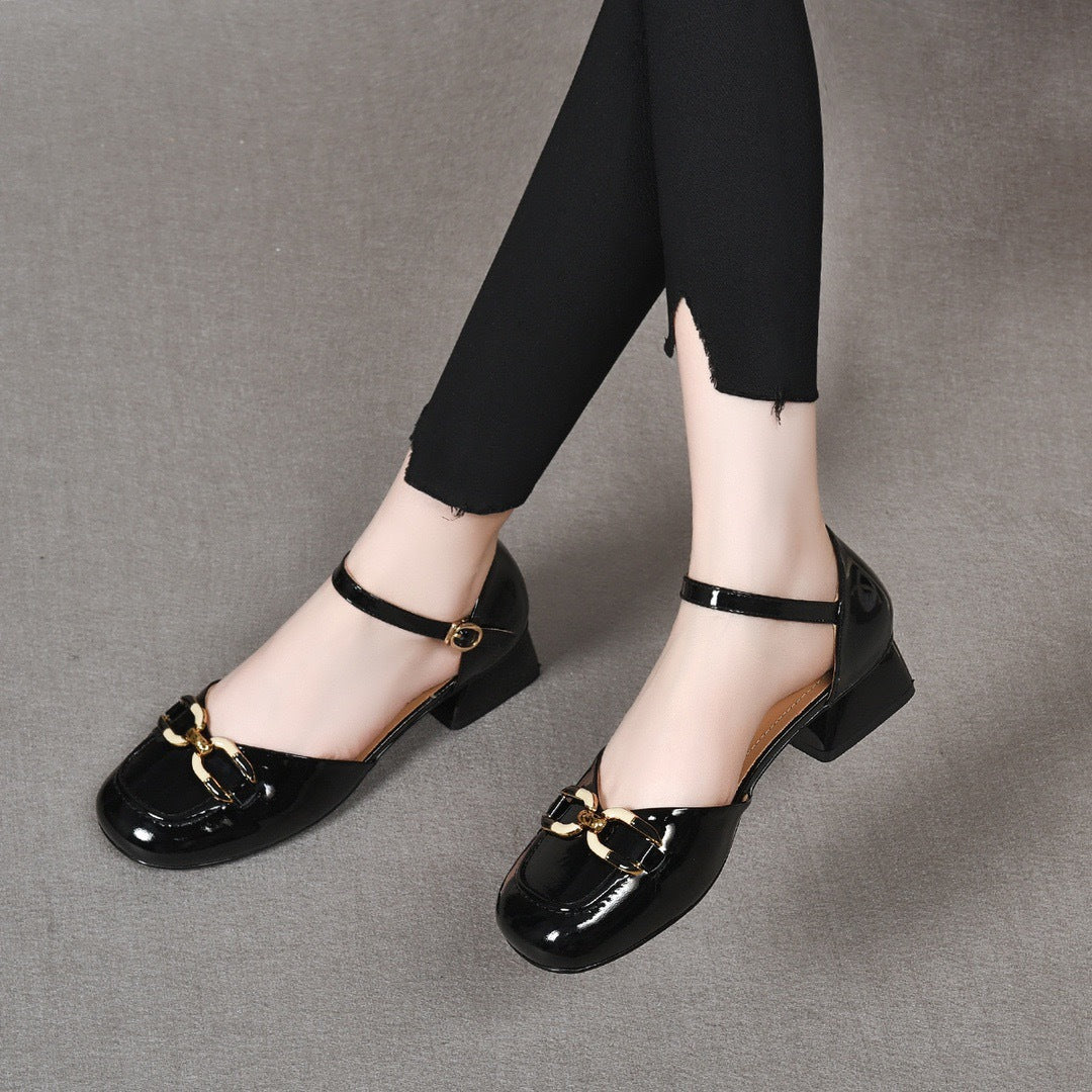Women's Closed Toe Chunky Mid Patent Soft Heels