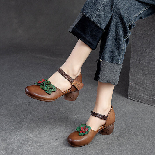Cowhide Small High Retro Style Velcro Heels
