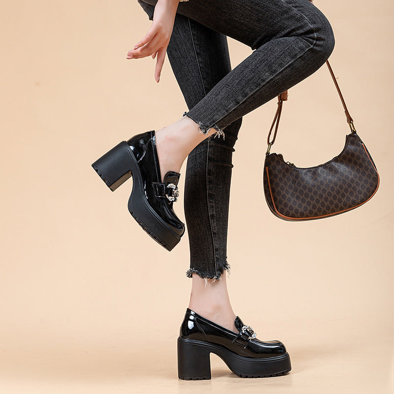 Women's Heightening Pad Platform Slip-on Black Rhinestone Loafers