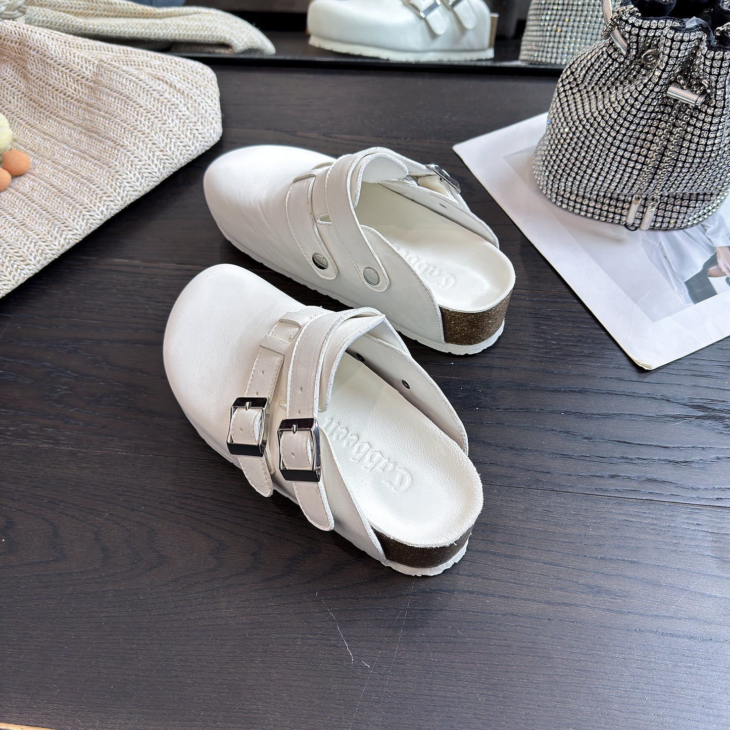 Women's Left Right Cowhide With Sheepskin Platform Slippers