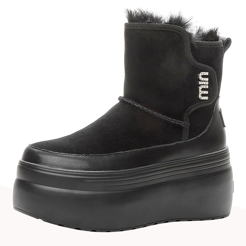 Women's Short Winter Rabbit Fur Round Toe Snow Boots