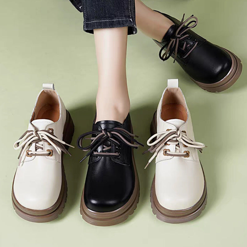 Women's Authentic Spring Platform Cowhide British Style Dissoed Black Leather Shoes