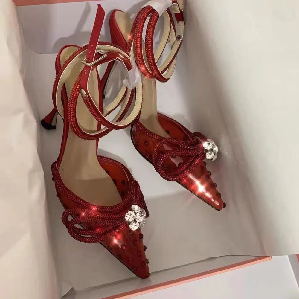 Women's Bowknot Color Rhinestone Pointed Toe Transparent Heels