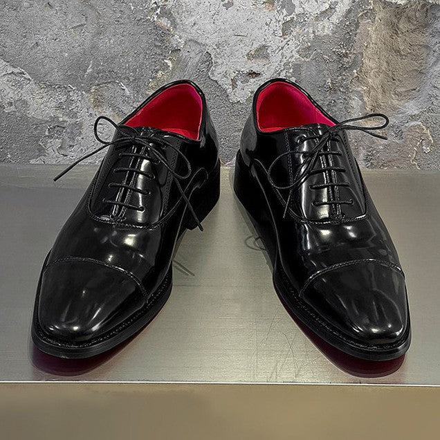Men's Black Glossy British Red Bottom Commuter Derby Thick Men's Business Leather Shoes