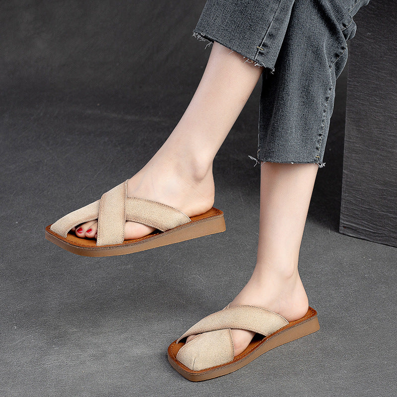 Women's Breathable First Layer Cowhide Simple Round Sandals