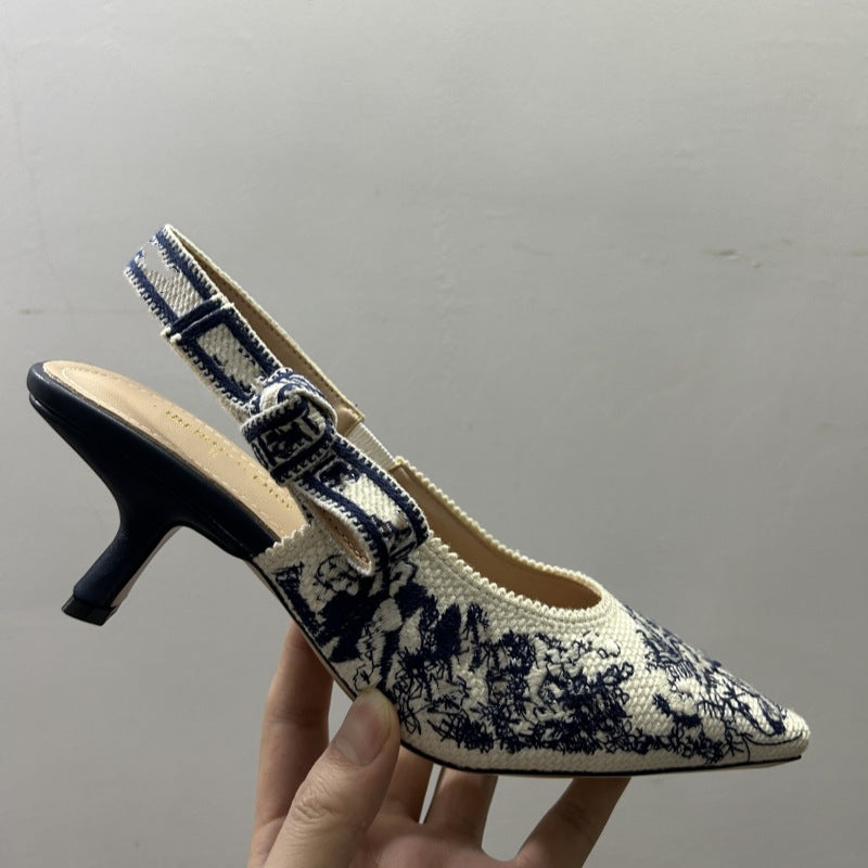 Women's Embroidered Strap Stiletto Pointed Toe Slingback Heels