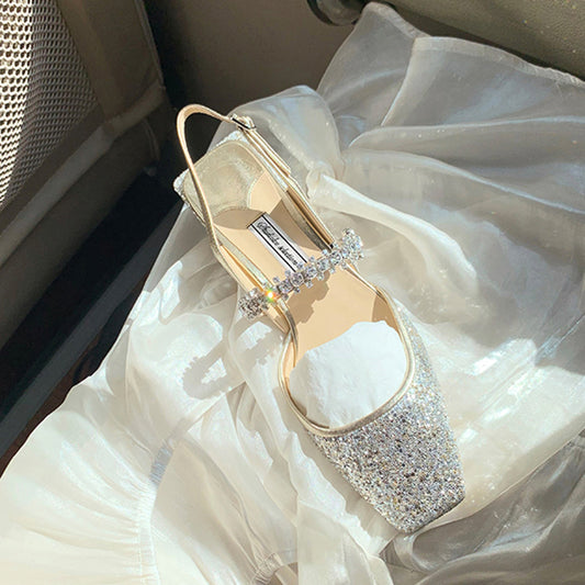 Women's Diamond Band Back Empty Square Toe Low-cut Thick Box Women's Shoes