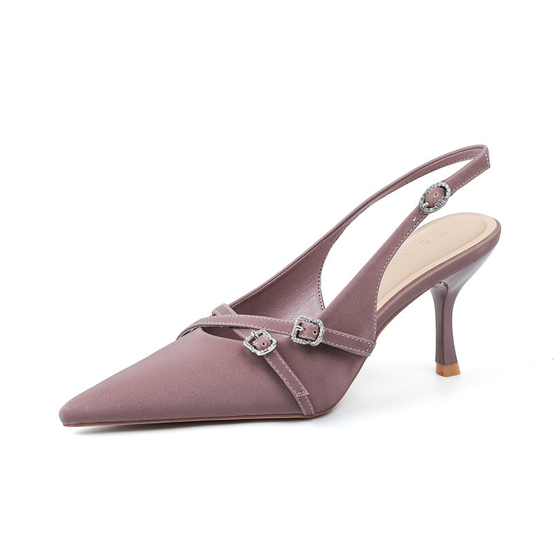 Women's Satin Strap Purple Pumps High-grade Toe Cap Heels