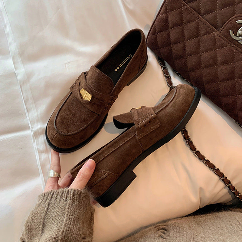 Women's Round Head Thick Bottom Retro Rub Colored Small Gold Loafers