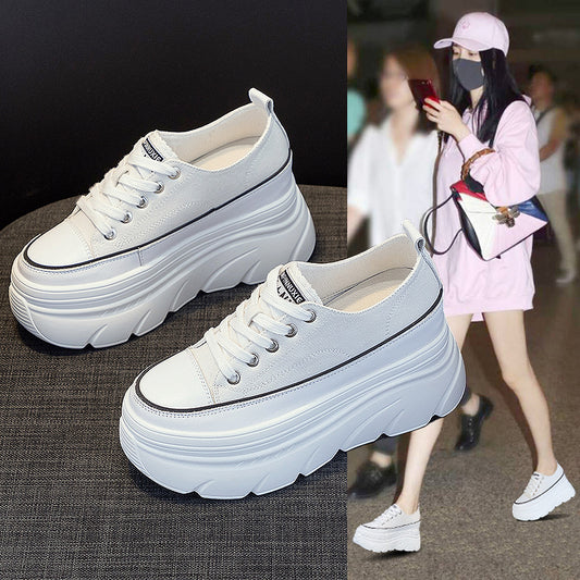 Women's White For Thick Sole Increased Lace Casual Shoes