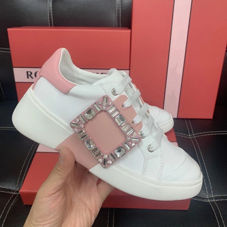 Women's Rhinestone Square Buckle White Inner Height Casual Shoes
