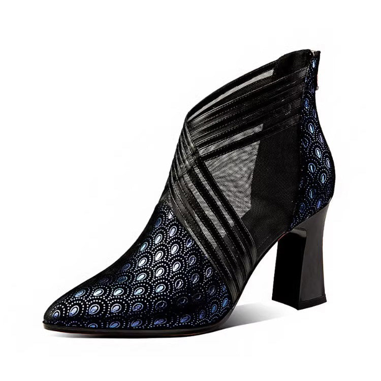 Women's Mesh Summer Thick High Sexy Closed Toe Plus Heels