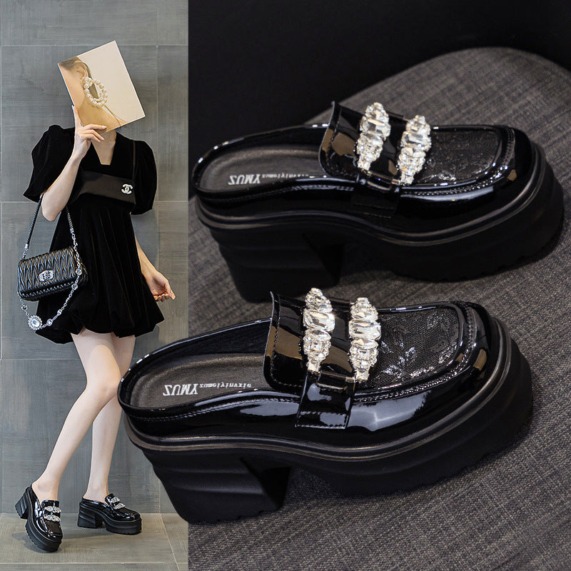 Women's Half Mesh Rhinestone Outer Wear Small Raise Slippers