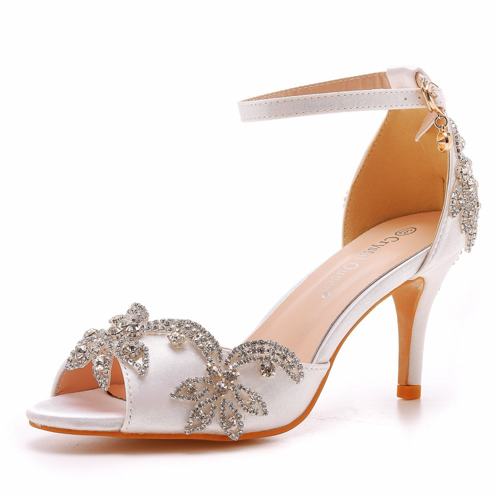 Cloth Bride High-heeled Shallow Mouth Word Plus Size Rhinestone Heels