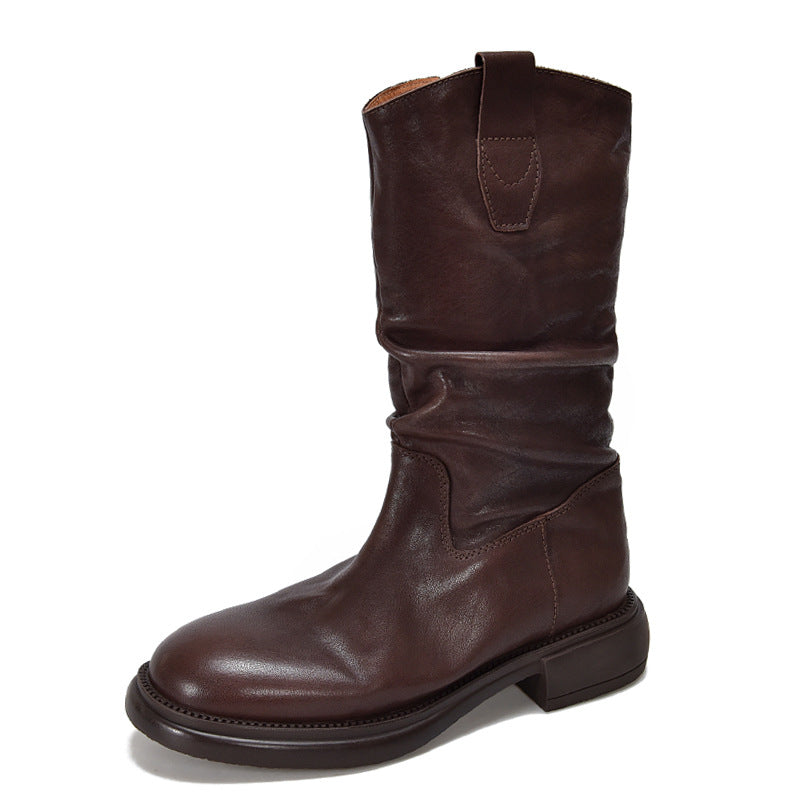 Women's Tanned Cowhide Mid Side Zipper Round Boots
