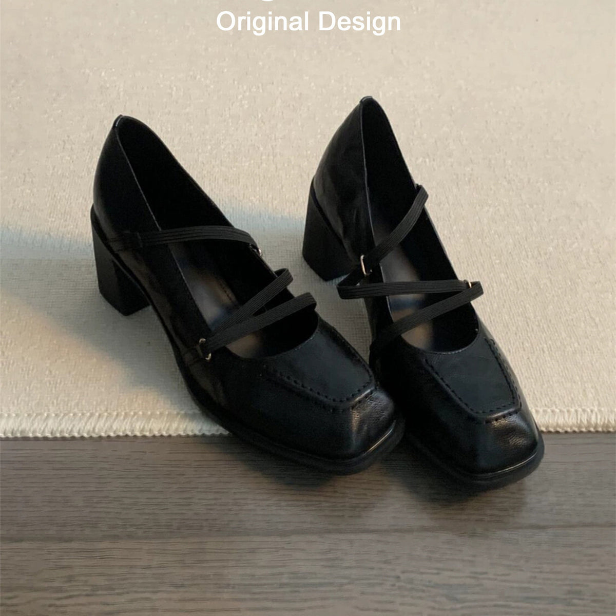 Women's Cowhide Version Retro Commuter Genuine Black Chunky Mary Jane Beautiful Heels