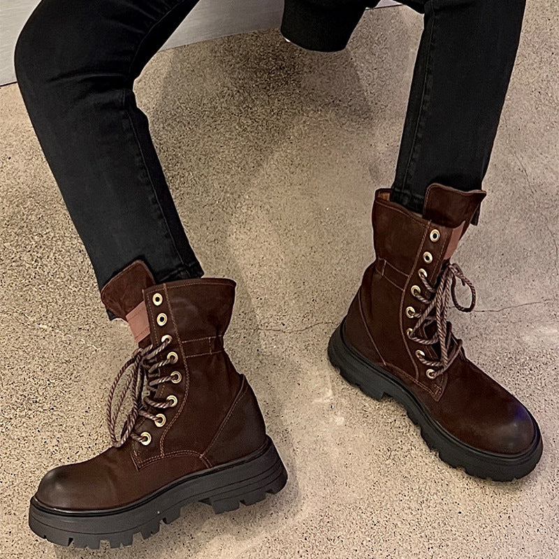 Women's British Style Lace Up Thick Bottom Boots