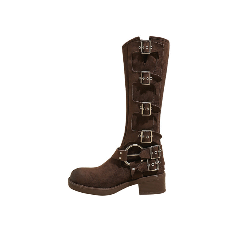 Suede Vintage Knight Belt Buckle High Boots