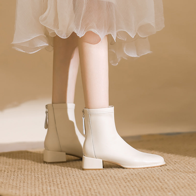 Women's Toe Chunky Short Back Zipper Skinny Boots