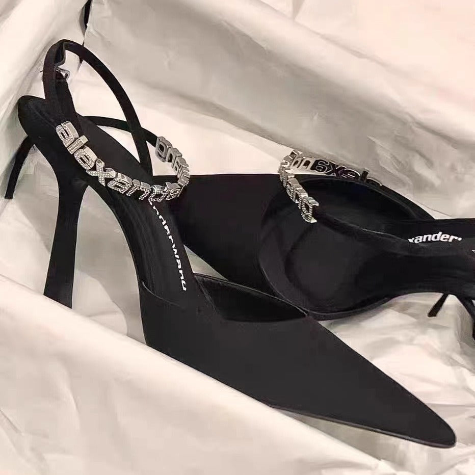 Women's Rhinestone Letters High Stiletto Sexy Black Heels