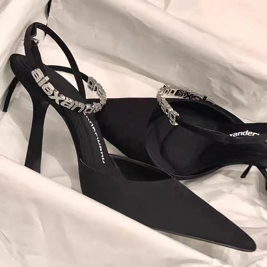 Women's Rhinestone Letters High Stiletto Sexy Black Heels