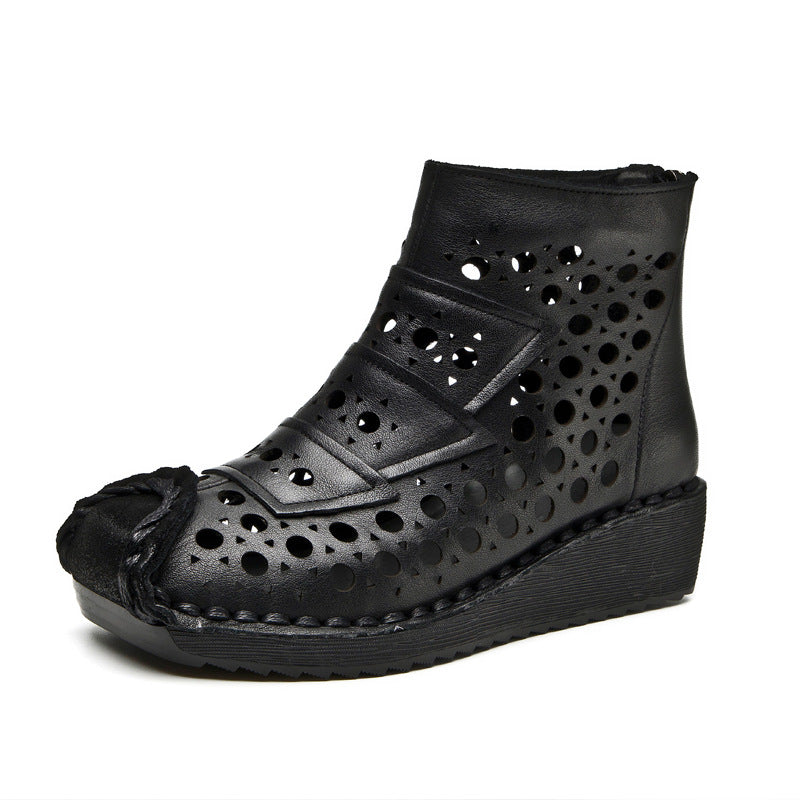 Women's Hole Wedge First Layer Cowhide Retro Sandals