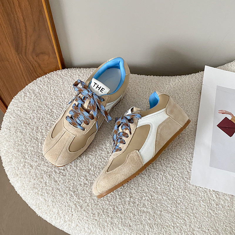 Women's Mom Cowhide Fashionable Retro Contrast Color Round Square Toe Style Women's Sports Shoes